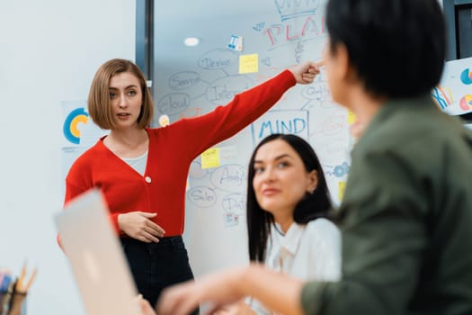 Young beautiful caucasian businesswoman presenting marketing strategy by using mind map, graph while answering questions with confident. Teamwork, brainstorming, discussing concept. Immaculate.