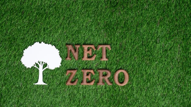 Environmental awareness campaign showcase message arranged in Net Zero on biophilic green grass background. Environment friendly with reduce CO2 emission concept for sustainable and green future. Gyre