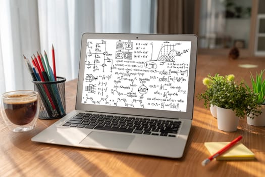 Mathematic equations and modish formula on computer screen showing concept of science and education