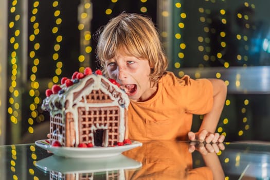 Immerse in festive delight as a boy crafts boy crafting an unconventional gingerbread house, infusing Christmas with unique creativity and festive cheer. A sweet scene of seasonal bonding and culinary fun.