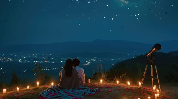 young couple looking out to romantic night sky in valentines day pragma