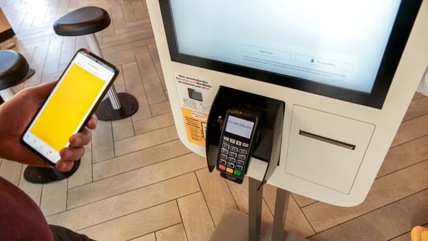 Close up shot of self-ordering kiosk at McDonald's restaurant in Canada. Ottawa ON Canada - 08.15. 2023.