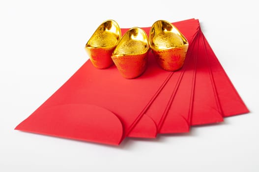 Chinese New Year red packet and golden ingot with customizable space for text or wishes. Chinese New Year celebration concept