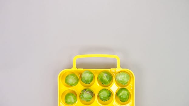 Raw organic Brussel sprouts in yellow container on grey background, top view. Flat lay, overhead, from above. Copy space