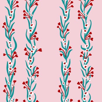 Hand drawn seamless pattern in flower floral st Valentine day style. Elegant colorful love retro vintage design, victorian fabric print, red hearts vertical stripes print