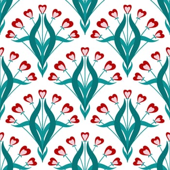 Hand drawn seamless pattern in flower floral st Valentine day style. Elegant colorful love retro vintage design, victorian fabric print, red hearts white emerald green leaves lines