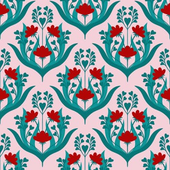 Hand drawn seamless pattern in flower floral st Valentine day style. Elegant colorful love retro vintage design, victorian fabric print, red hearts white emerald green leaves lines
