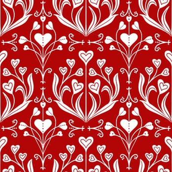 Hand drawn seamless pattern in flower floral st Valentine day style. Elegant colorful love retro vintage design, victorian fabric print, white lines elegant damsk with heart on rich red background