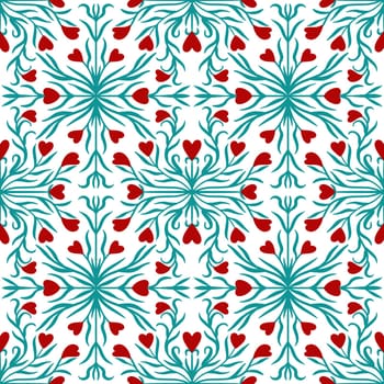 Hand drawn seamless pattern in flower floral st Valentine day style. Elegant colorful love retro vintage design, victorian fabric print, red hearts white emerald green leaves lines