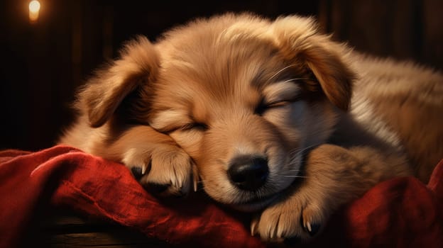 Cute puppy sleeping peacefully on soft yellow bed. Small dog is resting at home.