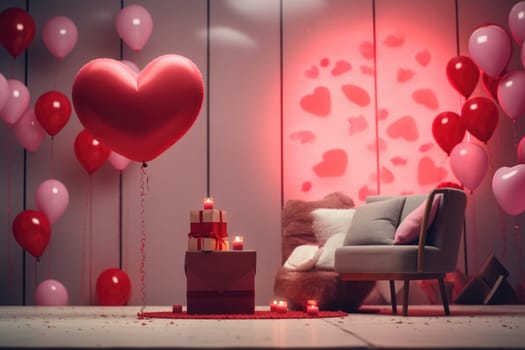 Interior of festive room decorated for Valentine's Day with air balloons, flowers and candles.