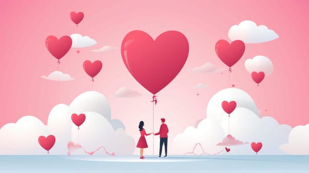 Beautiful young couple hugging, kissing celebrating St Valentine's Day with air balloons in shape of heart on white background