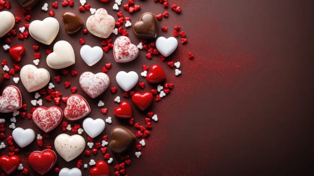 Valentines day heart shaped sweets on red background. Top view with copy space