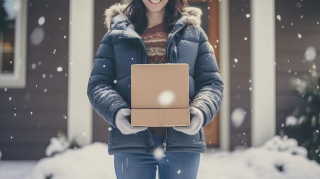 Smiling woman holding parcel box next to front door house entrance. Christmas holidays delivery. Black Friday Online shopping