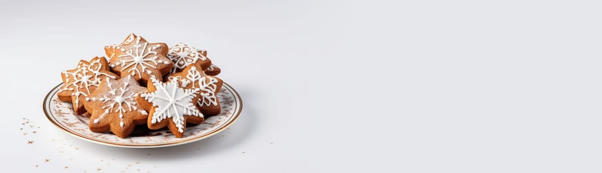 Homemade Christmas gingerbread cookies decorated with sweet sugar icing served on plate on white wooden background.