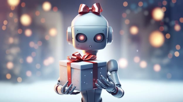 Shot of robot holding a small gift box. Holidays and celebration concept