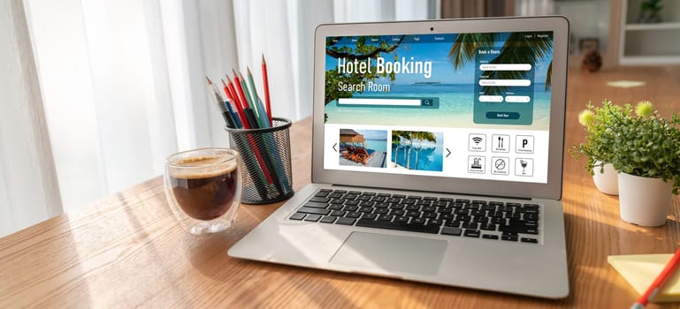 Online hotel accommodation booking website provide modish reservation system . Travel technology concept .