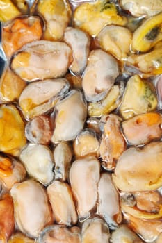 Frozen mussels background. Frozen seafood. Wholesale of fish. Peeled mussels. Vertical photo