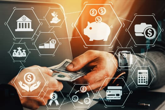 Finance and Money Transaction Technology Concept. Icon Graphic interface showing fintech trade exchange, profit statistics analysis and market analyst service in modern computer application. uds