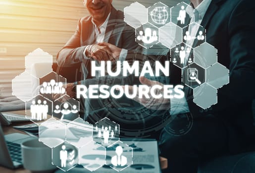 Human Resources Recruitment and People Networking Concept. Modern graphic interface showing professional employee hiring and headhunter seeking interview candidate for future manpower. uds