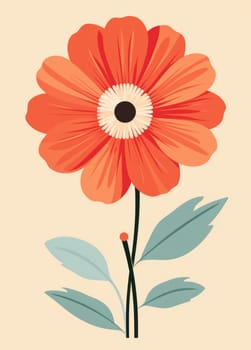 Summer Blossom: Elegant Floral Illustration with Vibrant Red Daisy in a Vintage Botanical Garden