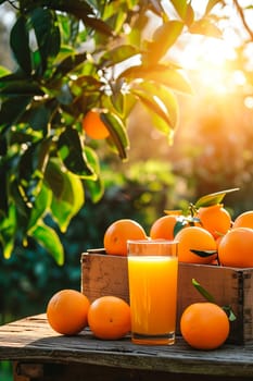 Orange juice in a glass in the garden. Selective focus. Food.