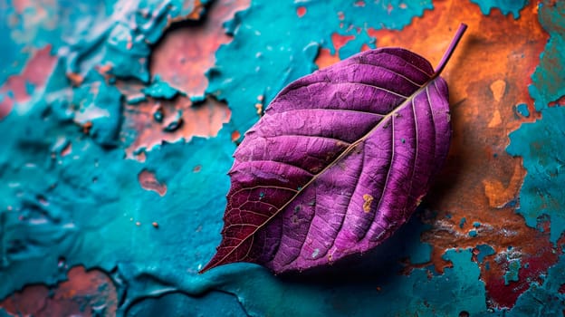 Purple leaf on a blue background. Selective focus. nature.