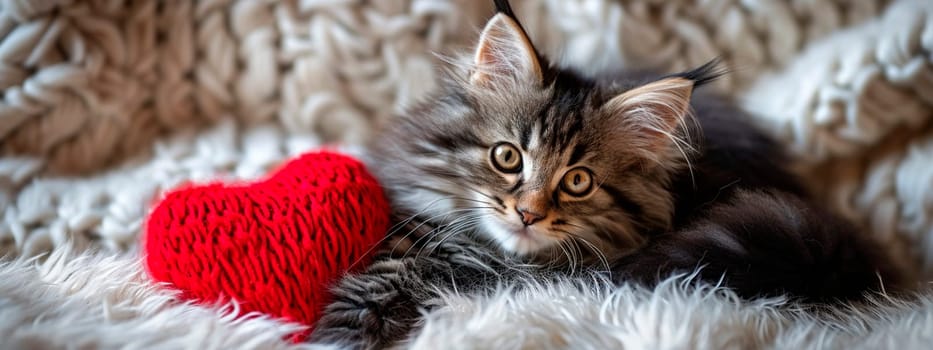 Kitten with a knitted heart. Selective focus. Love.