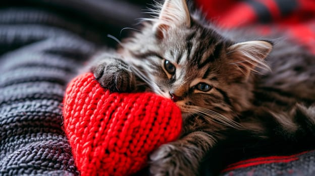 Kitten with a knitted heart. Selective focus. Love.