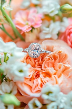 Stunning cushion cut diamond engagement ring. Selective focus. white.