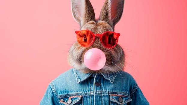 A rabbit on a pink background in a denim jacket chews gum and blows a ball. Selective focus. animal.