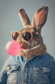A rabbit on a pink background in a denim jacket chews gum and blows a ball. Selective focus. animal.