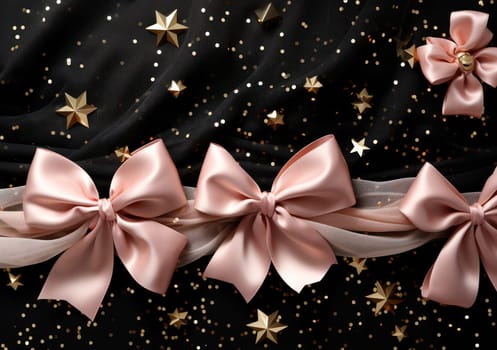 Merry Christmas Celebration: Festive Golden Bow on Black Background with Glitter and Confetti