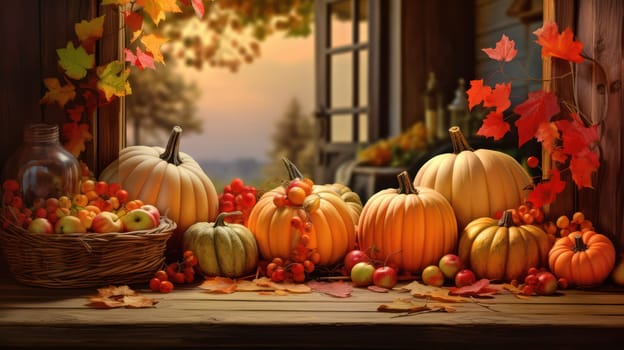 Autumn Harvest: A Spooky Pumpkin Patch on a Rustic Wooden Table with Colorful Leaves.