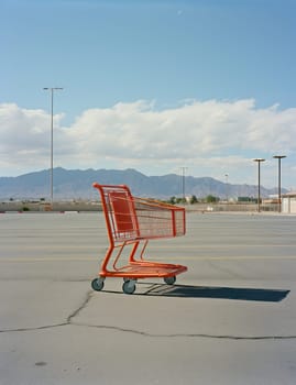 Empty supermarket shopping cart on white background, symbolizing modern commerce and consumerism.