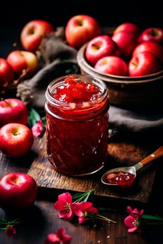 Apple jam in a jar. Selective focus. food.