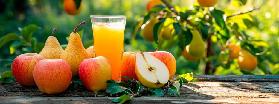 Apple juice on a table in the garden. Selective focus. Food.