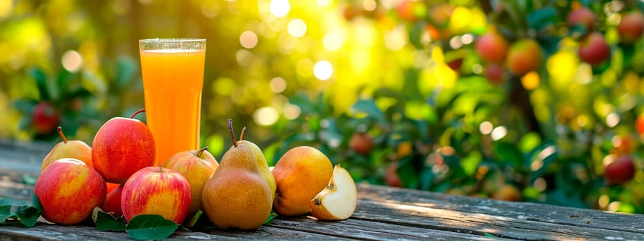 Apple juice on a table in the garden. Selective focus. Food.