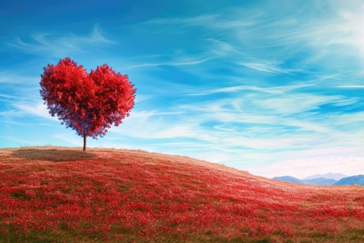 red tree of love in red flower field pragma