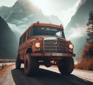 rusty dirt offroad 4x4 lifted vintage custom camper conversion jeep overlanding in mountain roads, nomadic lifestyle, adventure living, ai generated