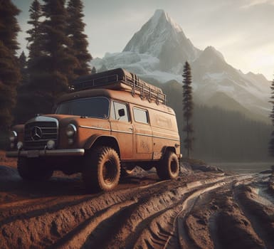 rusty dirt offroad 4x4 lifted vintage custom camper conversion jeep overlanding in mountain roads, nomadic lifestyle, adventure living, ai generated