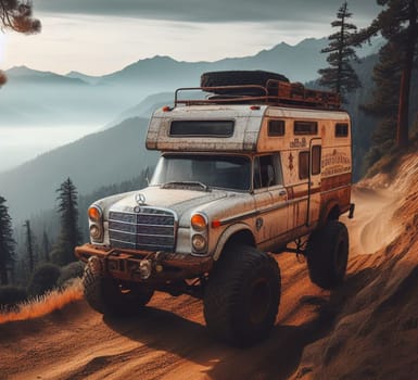 rusty dirt offroad 4x4 lifted vintage custom camper conversion jeep overlanding in mountain roads, nomadic lifestyle, adventure living, ai generated