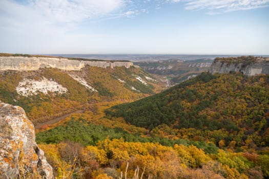 The autumn landscape of the mountain valley is an amazing, beautiful place at any time of the year. Hiking. Nature.