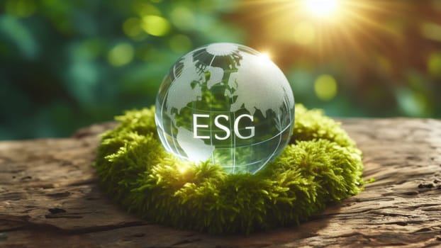 Crystal globe placed on moss. ESG icon. Concept for environment. Society and Governance sustainable global environment concept.