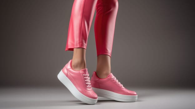 Unseen Elegance. Woman in Pink Sneakers, A Sporty Choice. Casual Sophistication. Unidentified Woman Selects Sneakers. Sneaker Chic. Elegantly Sporting Pink Shoes on Gray.