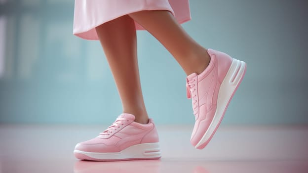 Style in Comfort. Unrecognized Woman's Sneaker Selection. Sneaker Decision. Elegant Sportswear in Gray Background. Unidentified Elegance. Woman's Sporty Pink Sneaker Choice.