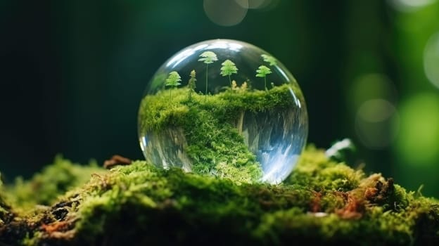 Eco-Consciousness. Crystal Globe Resting in Mossy Ambiance. ESG Symbol. Crystal Globe Displayed on Mossy Surface. Green Governance. Crystal Globe Settled on Moss Background.