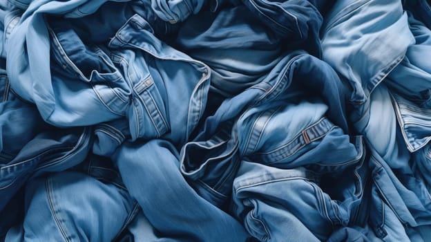 Assorted Denim Stack - Top View of Crumpled Blue Jeans as Background. Fashion Display with Textured Folded Denim Variety. Clothing Selection and Texture Concept for Design and Marketing.