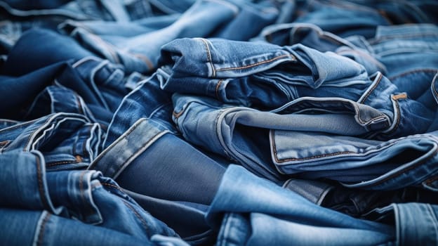 Top View of Crumpled Blue Jeans, Fashionable Display of Textured Folded Denim Background. Clothing Variety and Stylish Textures in a Top View Composition for Marketing and Design Concepts.
