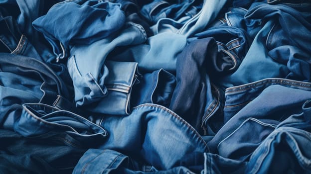 Assorted Crumpled Blue Jeans - Top View Denim Stack Background. Fashionable Variety of Textured Folded Denim. Stylish Clothing Display Ideal for Design Concepts, and Apparel Marketing Imagery